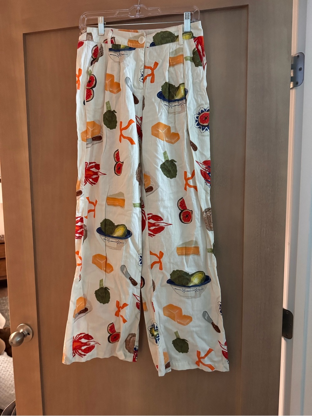 Wide-Leg Printed Cotton Pants in White with Multicolor Motifs